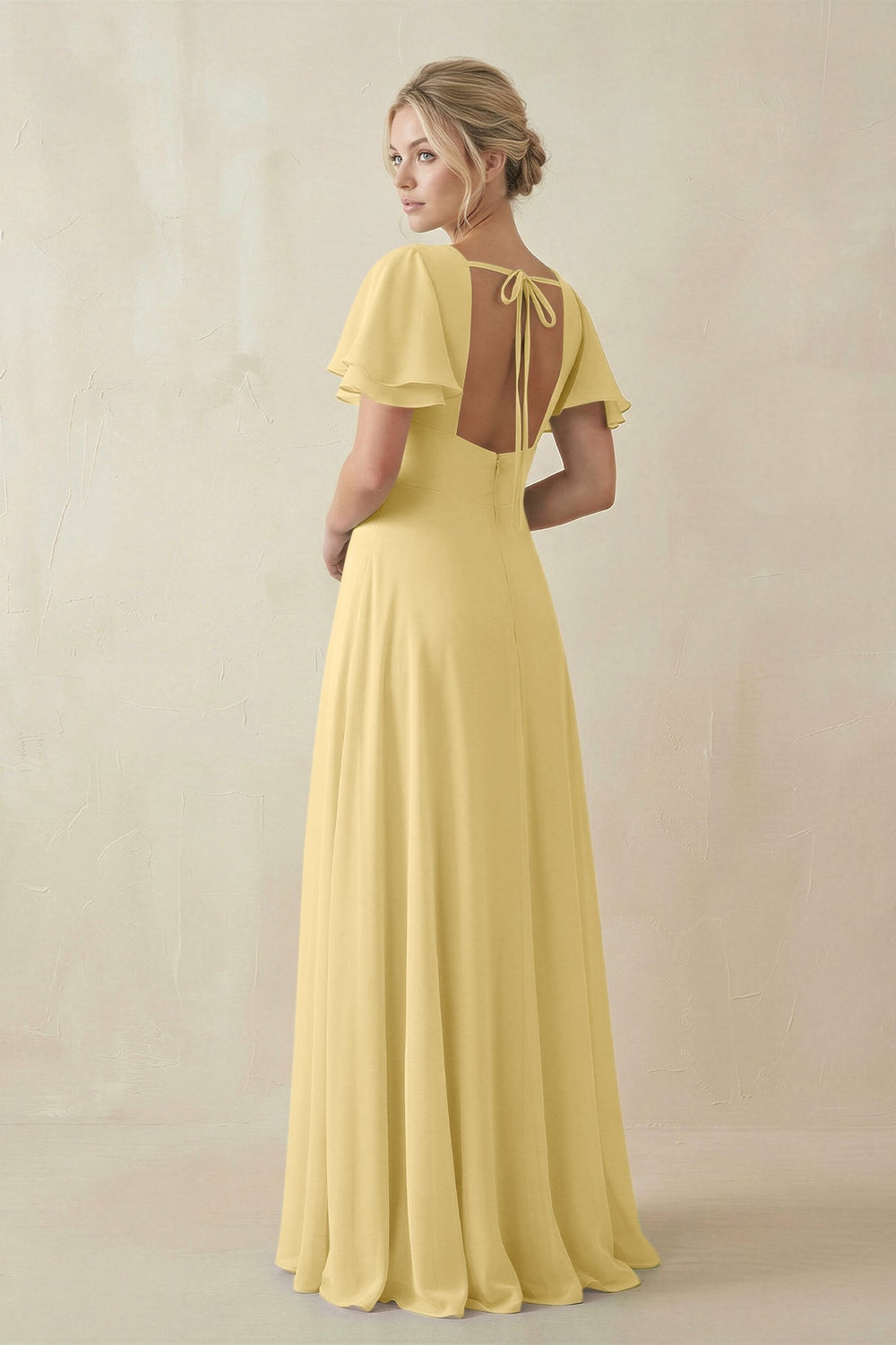 V - Neck Ruffled Short Sleeves A - Line Bridesmaid Dress in Pastel Yellow - KissProm Bridesmaid Dresses
