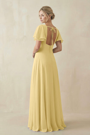 V - Neck Ruffled Short Sleeves A - Line Bridesmaid Dress in Pastel Yellow - KissProm Bridesmaid Dresses