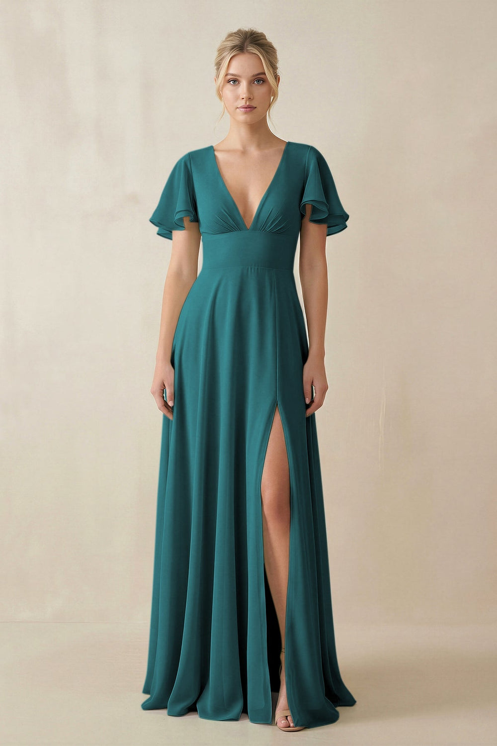 V - Neck Ruffled Short Sleeves A - Line Bridesmaid Dress in Pine - KissProm Bridesmaid Dresses