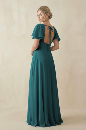 V - Neck Ruffled Short Sleeves A - Line Bridesmaid Dress in Pine - KissProm Bridesmaid Dresses