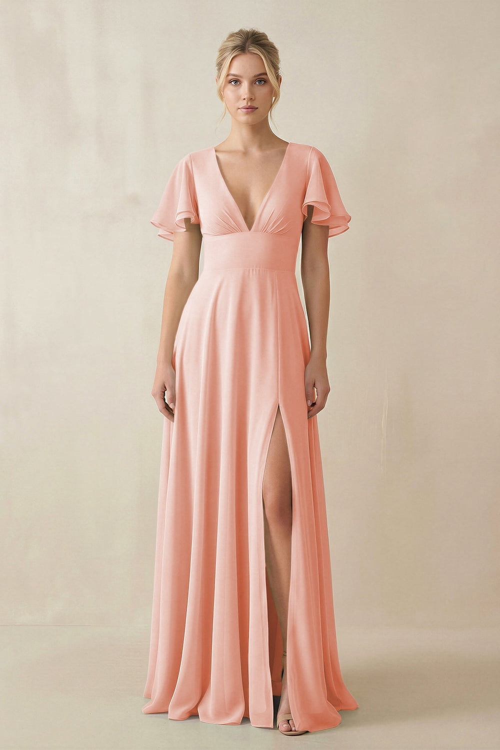 V - Neck Ruffled Short Sleeves A - Line Bridesmaid Dress in Rose Petal - KissProm Bridesmaid Dresses