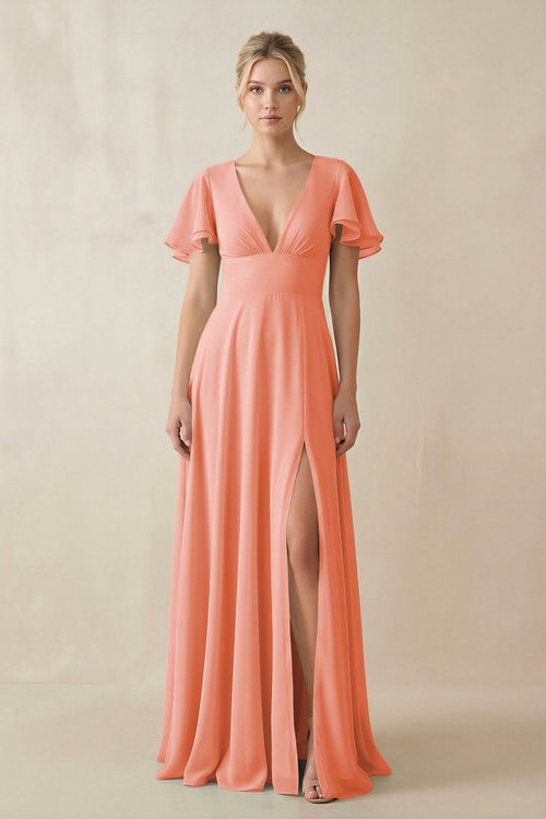 V - Neck Ruffled Short Sleeves A - Line Bridesmaid Dress in Rosette - KissProm Bridesmaid Dresses