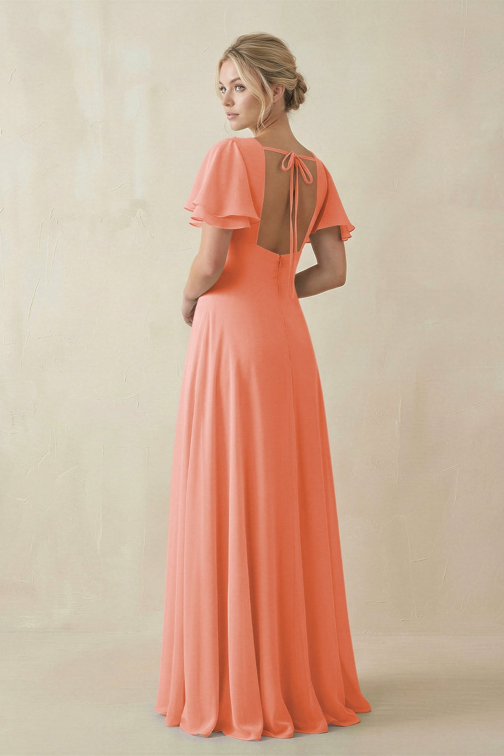 V - Neck Ruffled Short Sleeves A - Line Bridesmaid Dress in Rosette - KissProm Bridesmaid Dresses