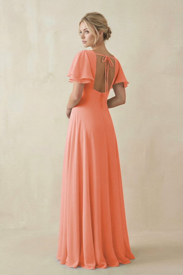 V - Neck Ruffled Short Sleeves A - Line Bridesmaid Dress in Rosette - KissProm Bridesmaid Dresses