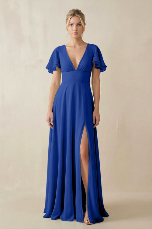 KissProm V-Neck Ruffled Short Sleeves A-Line Bridesmaid Dress in Royal Blue, Royal Blue / 20