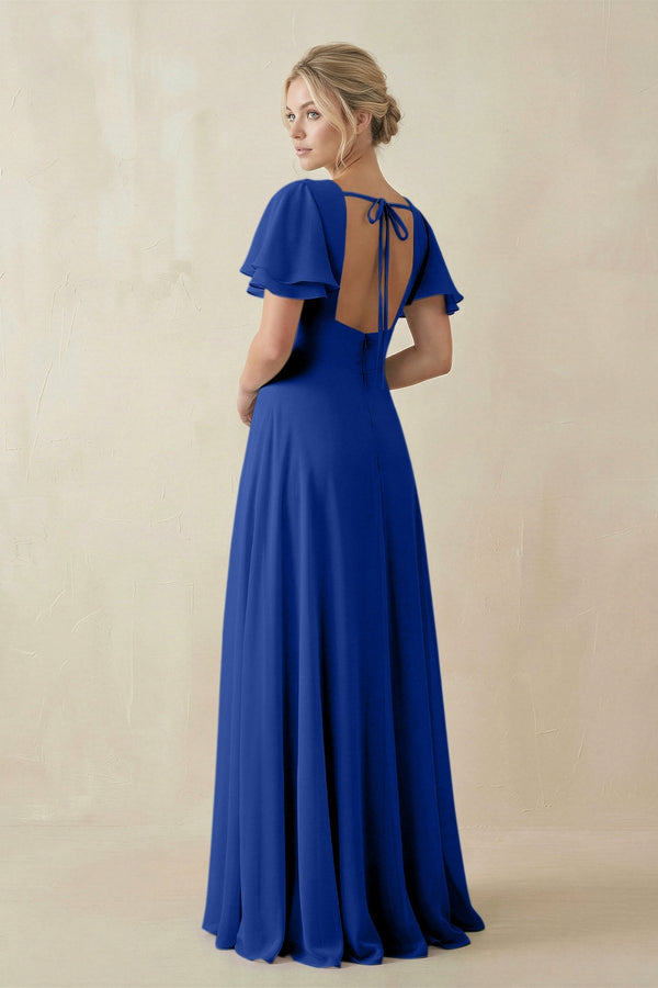 KissProm V-Neck Ruffled Short Sleeves A-Line Bridesmaid Dress in Royal Blue, Royal Blue / 20