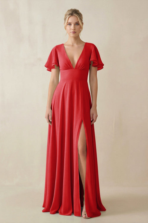 KissProm V-Neck Ruffled Short Sleeves A-Line Bridesmaid Dress in Ruby Red, Ruby Red / Custom Size( Free )