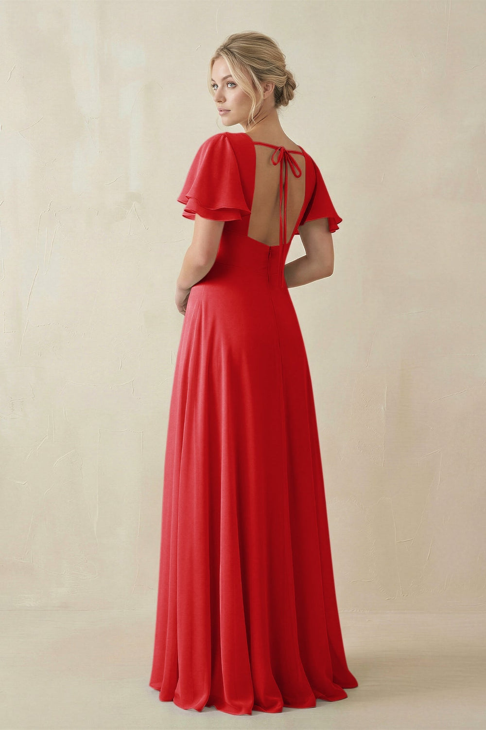 V - Neck Ruffled Short Sleeves A - Line Bridesmaid Dress in Ruby Red - KissProm Bridesmaid Dresses
