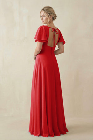 V - Neck Ruffled Short Sleeves A - Line Bridesmaid Dress in Ruby Red - KissProm Bridesmaid Dresses