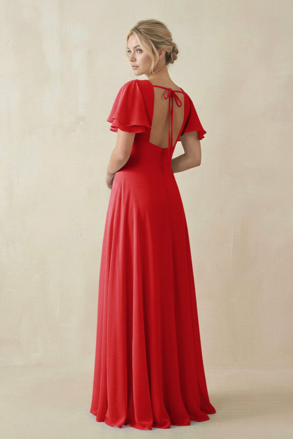 V - Neck Ruffled Short Sleeves A - Line Bridesmaid Dress in Ruby Red - KissProm Bridesmaid Dresses