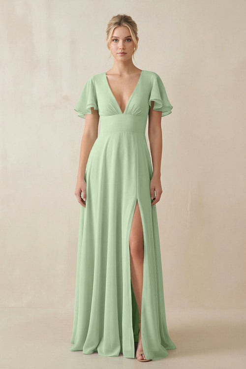 KissProm V-Neck Ruffled Short Sleeves A-Line Bridesmaid Dress in Sage, Sage / 28