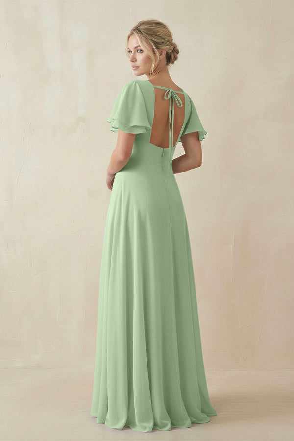 V - Neck Ruffled Short Sleeves A - Line Bridesmaid Dress in Sage - KissProm Bridesmaid Dresses