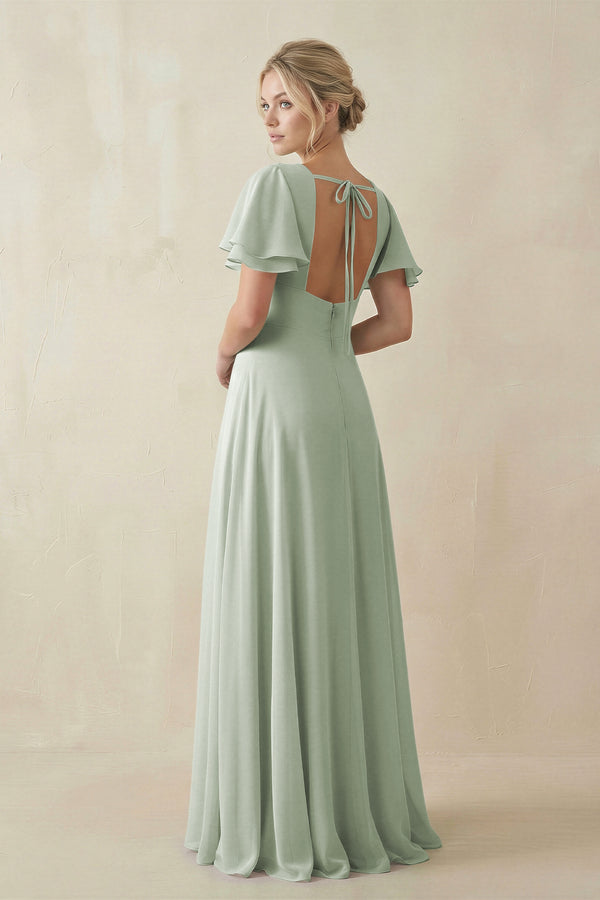 V - Neck Ruffled Short Sleeves A - Line Bridesmaid Dress in Sage - KissProm Bridesmaid Dresses