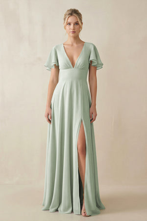 V - Neck Ruffled Short Sleeves A - Line Bridesmaid Dress in Sage - KissProm Bridesmaid Dresses