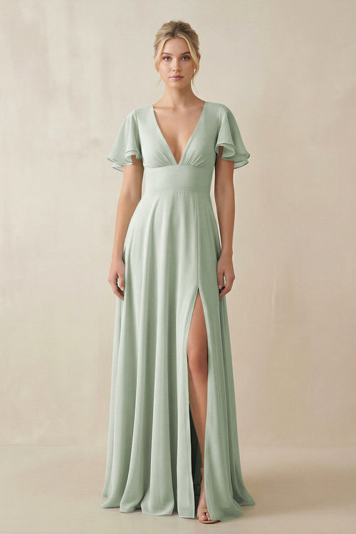 V - Neck Ruffled Short Sleeves A - Line Bridesmaid Dress in Sage - KissProm Bridesmaid Dresses