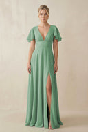 V - Neck Ruffled Short Sleeves A - Line Bridesmaid Dress in Sea Glass - KissProm Bridesmaid Dresses