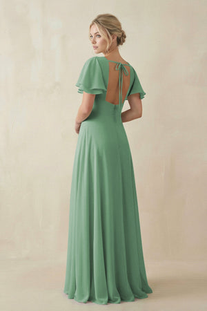 V - Neck Ruffled Short Sleeves A - Line Bridesmaid Dress in Sea Glass - KissProm Bridesmaid Dresses