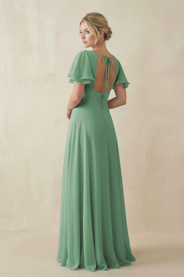 V - Neck Ruffled Short Sleeves A - Line Bridesmaid Dress in Sea Glass - KissProm Bridesmaid Dresses