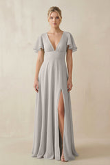 V - Neck Ruffled Short Sleeves A - Line Bridesmaid Dress in Silver - KissProm Bridesmaid Dresses
