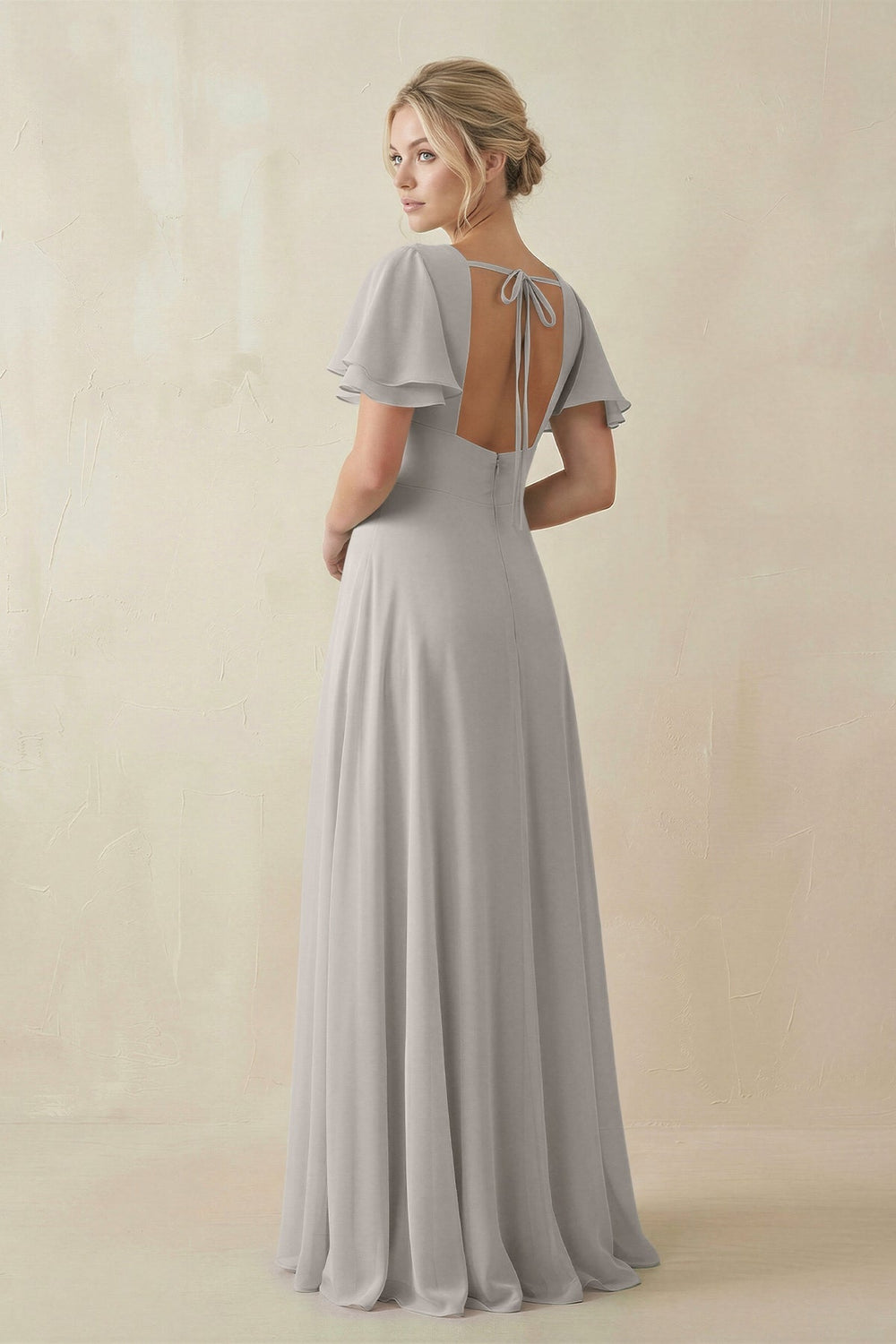 V - Neck Ruffled Short Sleeves A - Line Bridesmaid Dress in Silver - KissProm Bridesmaid Dresses