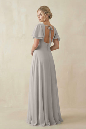 V - Neck Ruffled Short Sleeves A - Line Bridesmaid Dress in Silver - KissProm Bridesmaid Dresses