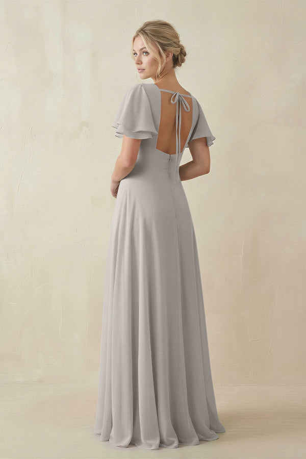 V - Neck Ruffled Short Sleeves A - Line Bridesmaid Dress in Silver - KissProm Bridesmaid Dresses