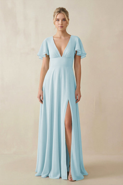 V - Neck Ruffled Short Sleeves A - Line Bridesmaid Dress in Sky Blue - KissProm Bridesmaid Dresses