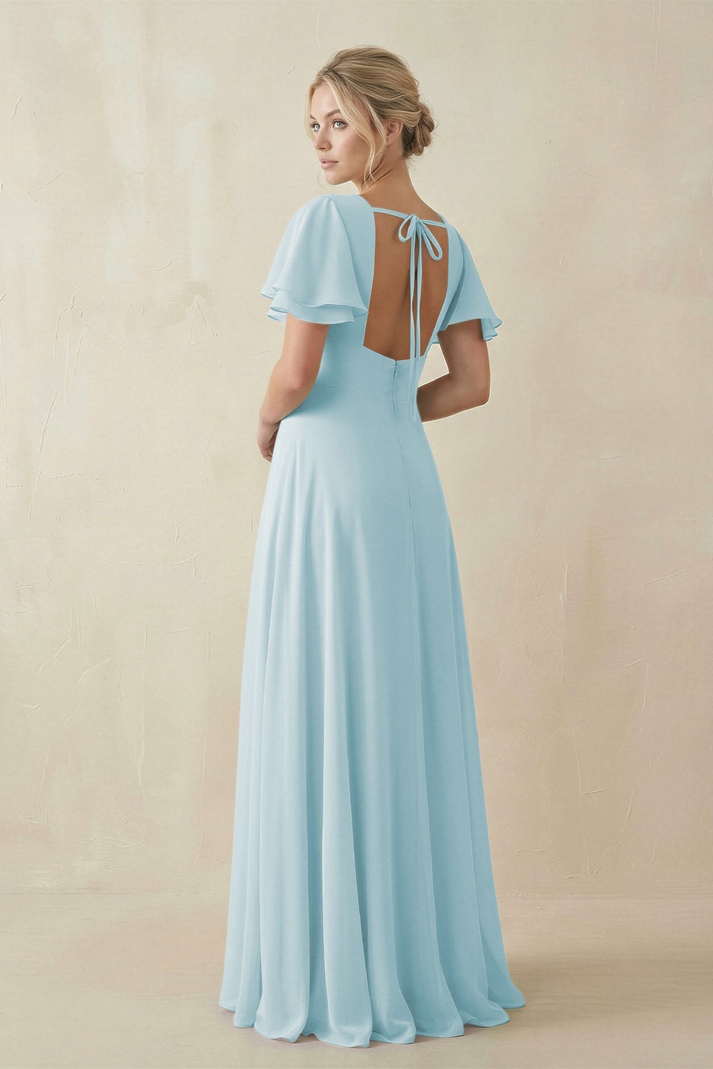 V - Neck Ruffled Short Sleeves A - Line Bridesmaid Dress in Sky Blue - KissProm Bridesmaid Dresses