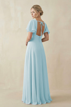 V - Neck Ruffled Short Sleeves A - Line Bridesmaid Dress in Sky Blue - KissProm Bridesmaid Dresses