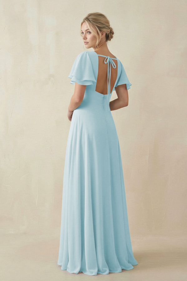 V - Neck Ruffled Short Sleeves A - Line Bridesmaid Dress in Sky Blue - KissProm Bridesmaid Dresses