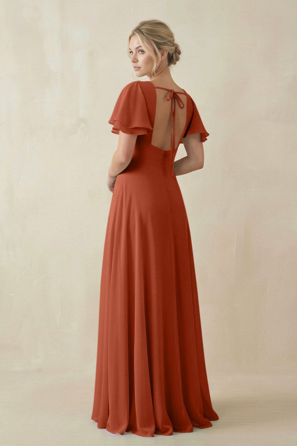 V - Neck Ruffled Short Sleeves A - Line Bridesmaid Dress in Spice - KissProm Bridesmaid Dresses