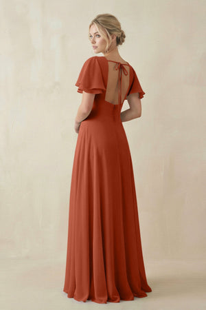 V - Neck Ruffled Short Sleeves A - Line Bridesmaid Dress in Spice - KissProm Bridesmaid Dresses
