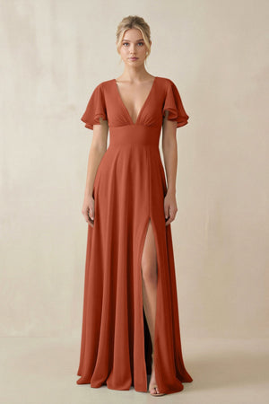 V - Neck Ruffled Short Sleeves A - Line Bridesmaid Dress in Spice - KissProm Bridesmaid Dresses