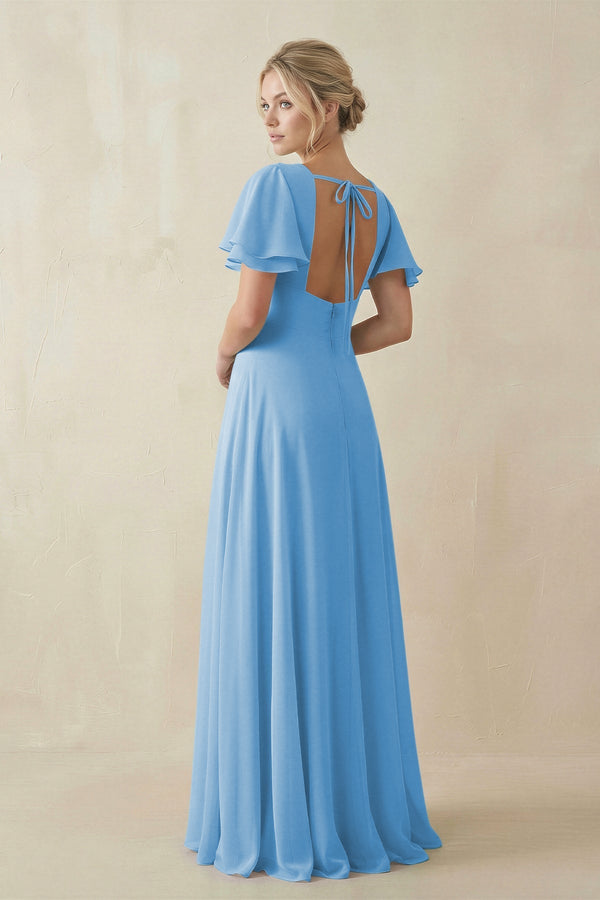 KissProm V-Neck Ruffled Short Sleeves A-Line Bridesmaid Dress in Steel Blue, Steel Blue / 30