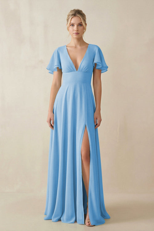 KissProm V-Neck Ruffled Short Sleeves A-Line Bridesmaid Dress in Steel Blue, Steel Blue / 30