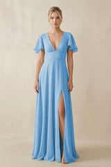 V - Neck Ruffled Short Sleeves A - Line Bridesmaid Dress in Steel Blue - KissProm Bridesmaid Dresses