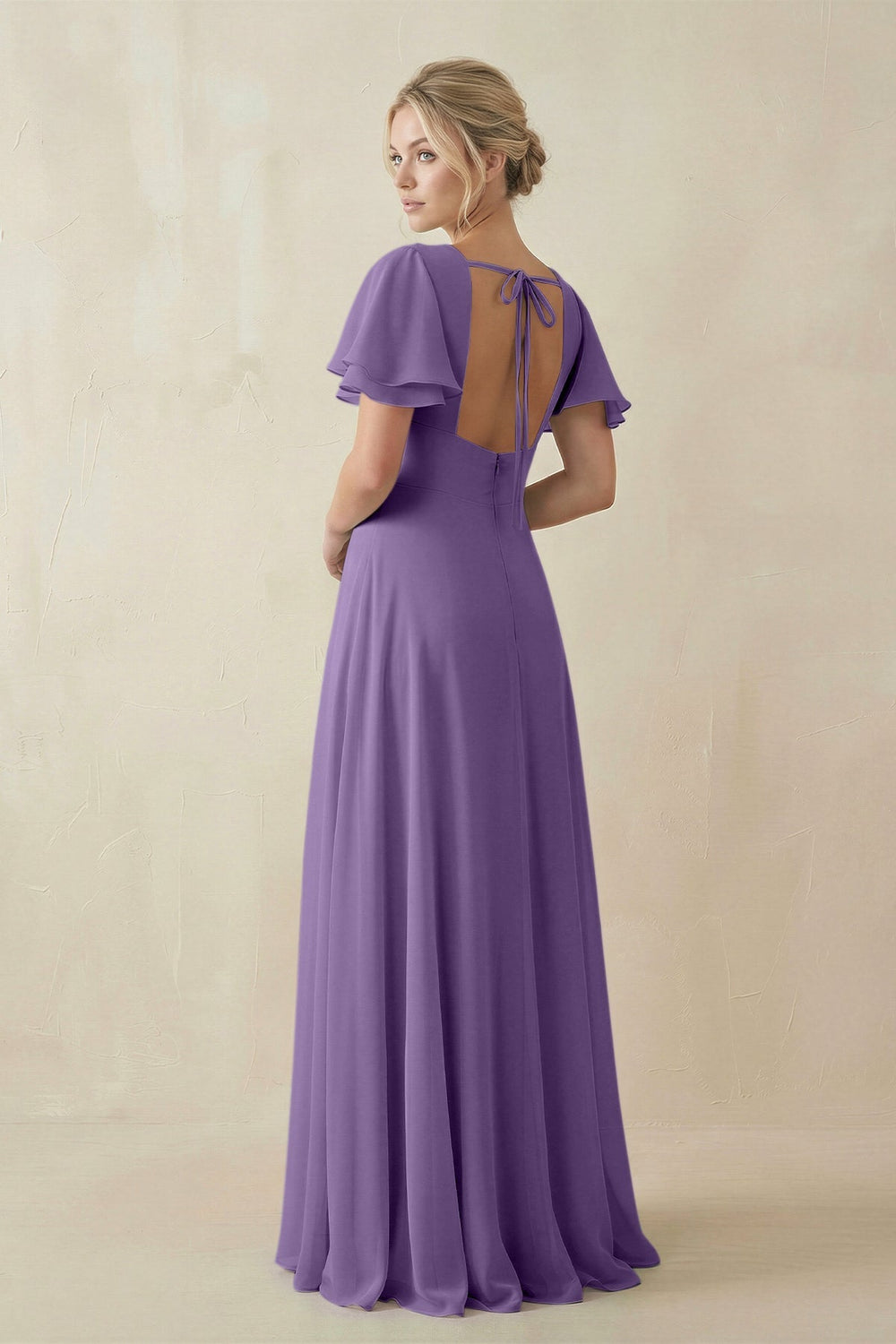 V - Neck Ruffled Short Sleeves A - Line Bridesmaid Dress in Tahiti - KissProm Bridesmaid Dresses