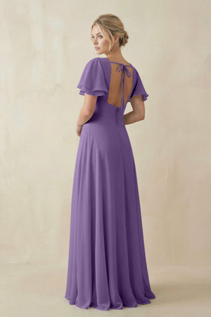 V - Neck Ruffled Short Sleeves A - Line Bridesmaid Dress in Tahiti - KissProm Bridesmaid Dresses
