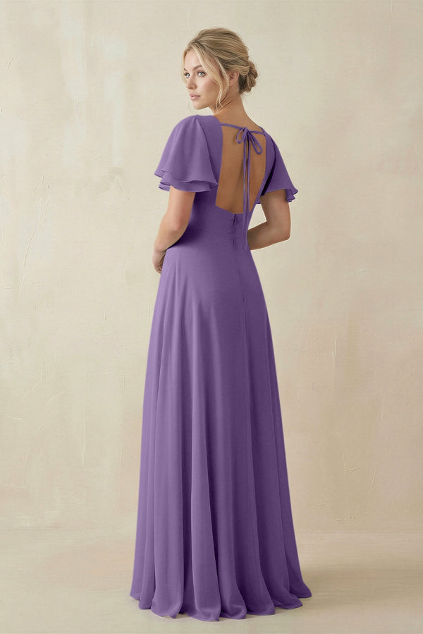 V - Neck Ruffled Short Sleeves A - Line Bridesmaid Dress in Tahiti - KissProm Bridesmaid Dresses