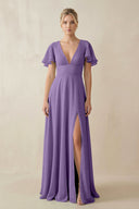 V - Neck Ruffled Short Sleeves A - Line Bridesmaid Dress in Tahiti - KissProm Bridesmaid Dresses