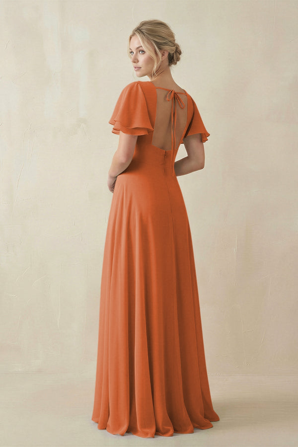 V - Neck Ruffled Short Sleeves A - Line Bridesmaid Dress in Terracotta - KissProm Bridesmaid Dresses