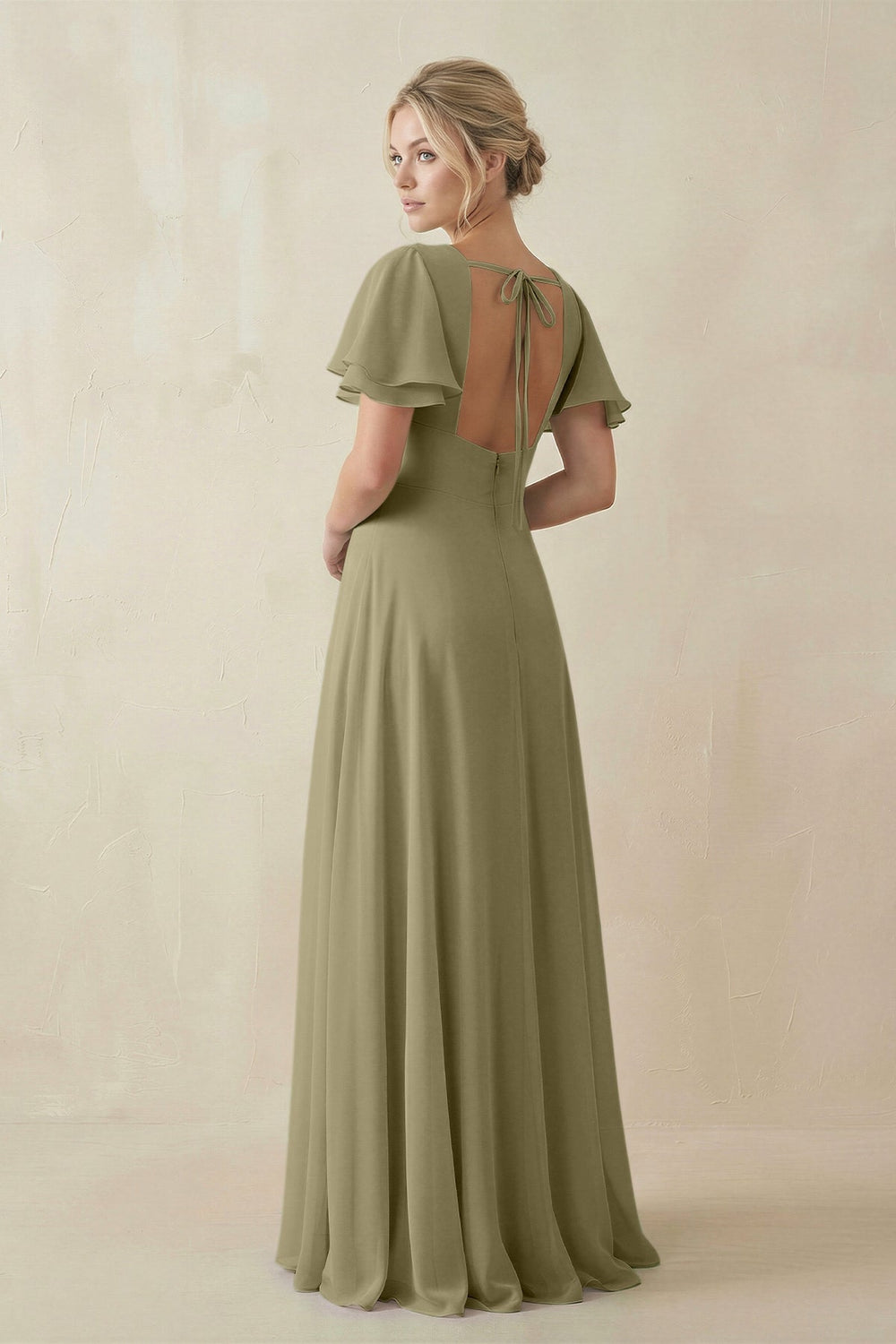 V - Neck Ruffled Short Sleeves A - Line Bridesmaid Dress in Thyme - KissProm Bridesmaid Dresses