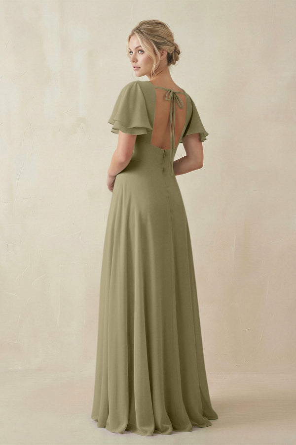 V - Neck Ruffled Short Sleeves A - Line Bridesmaid Dress in Thyme - KissProm Bridesmaid Dresses