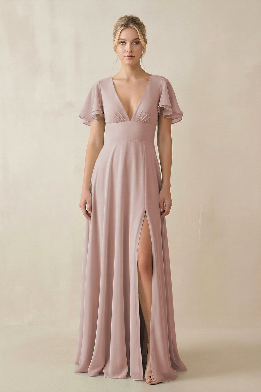 V - Neck Ruffled Short Sleeves A - Line Bridesmaid Dress in Toffee - KissProm Bridesmaid Dresses