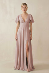 V - Neck Ruffled Short Sleeves A - Line Bridesmaid Dress in Toffee - KissProm Bridesmaid Dresses