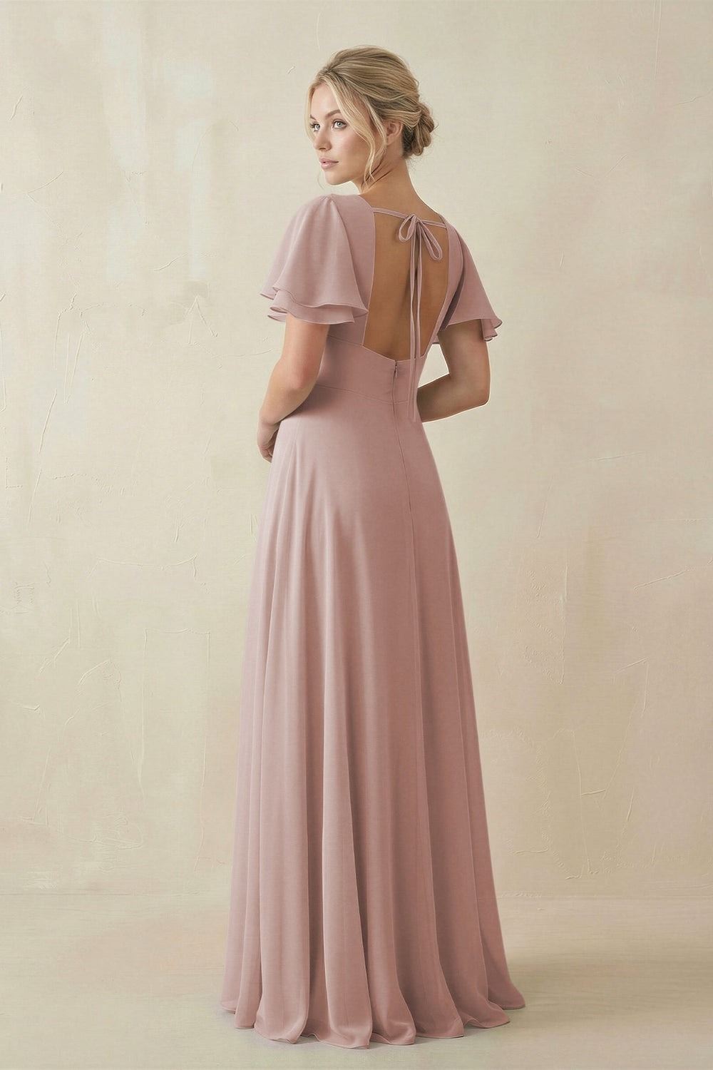 V - Neck Ruffled Short Sleeves A - Line Bridesmaid Dress in Toffee - KissProm Bridesmaid Dresses