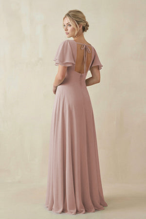 V - Neck Ruffled Short Sleeves A - Line Bridesmaid Dress in Toffee - KissProm Bridesmaid Dresses