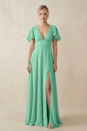 V - Neck Ruffled Short Sleeves A - Line Bridesmaid Dress in Turquoise - KissProm Bridesmaid Dresses