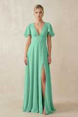 V - Neck Ruffled Short Sleeves A - Line Bridesmaid Dress in Turquoise - KissProm Bridesmaid Dresses