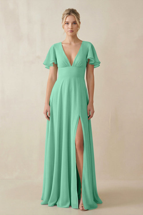 V - Neck Ruffled Short Sleeves A - Line Bridesmaid Dress in Turquoise - KissProm Bridesmaid Dresses